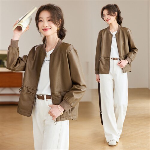 2026年春季棒球领休闲水洗皮短款外套，女装皮衣，文熹诺