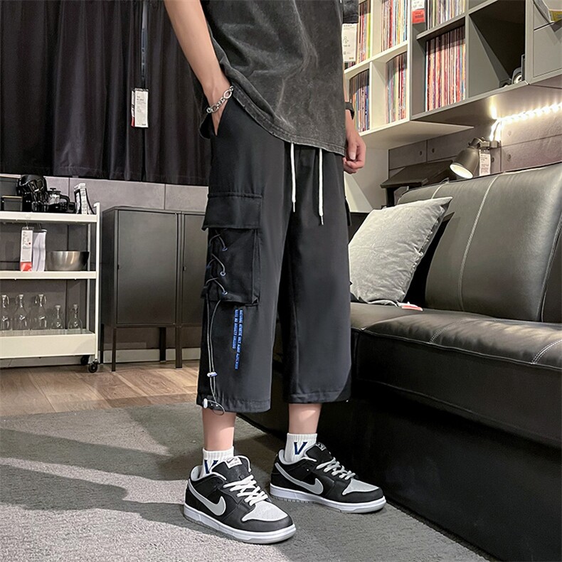 夏季新款潮流宽松工装短裤男抽绳休闲裤学生直筒七分裤子,男装牛仔裤,星座410-7