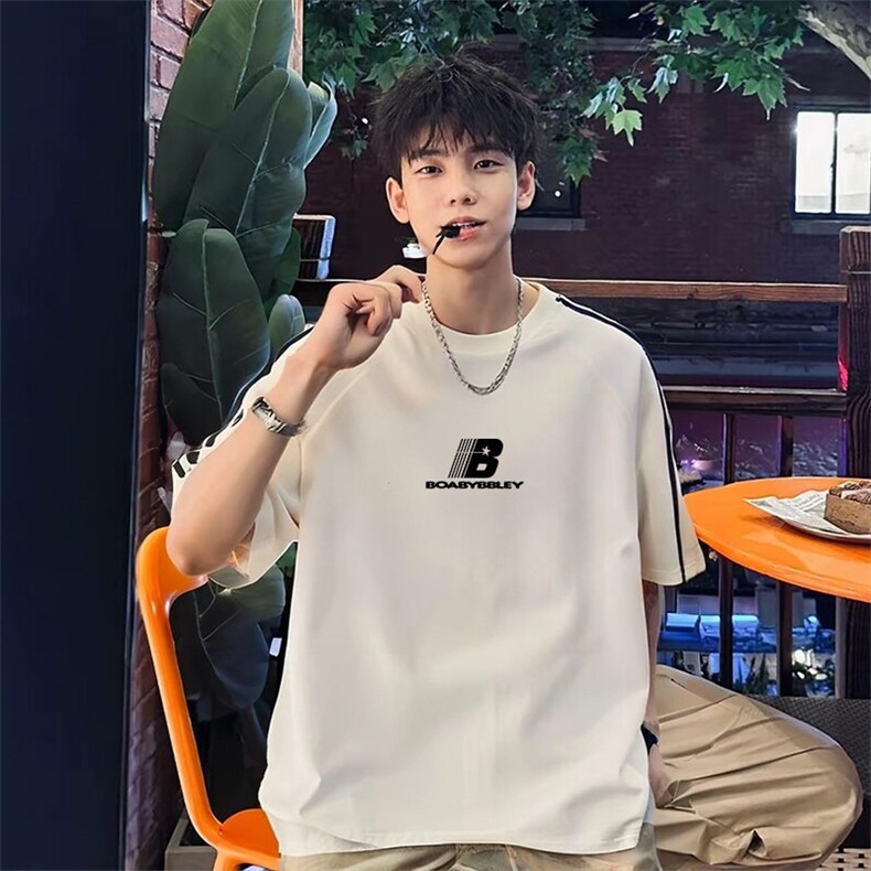 抖音得物高品质二开240克宽松纯棉美式潮牌三条杠织带短袖T恤，男装T恤，电商A486-1