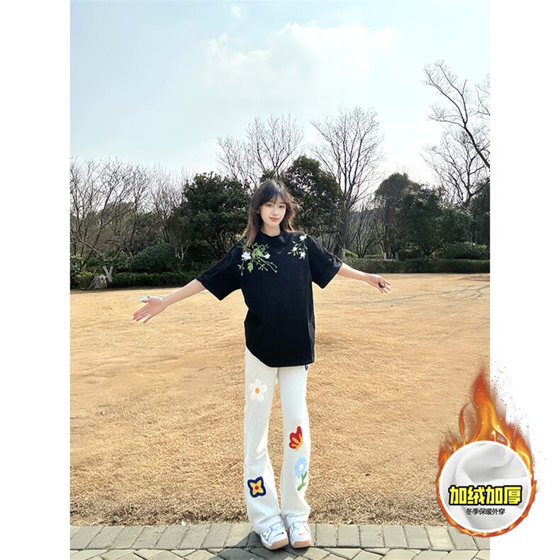 抖音得物高品质秋冬季重磅花卉刺绣潮流运动宽松加绒直筒休闲卫裤，男装休闲裤，电商A486
