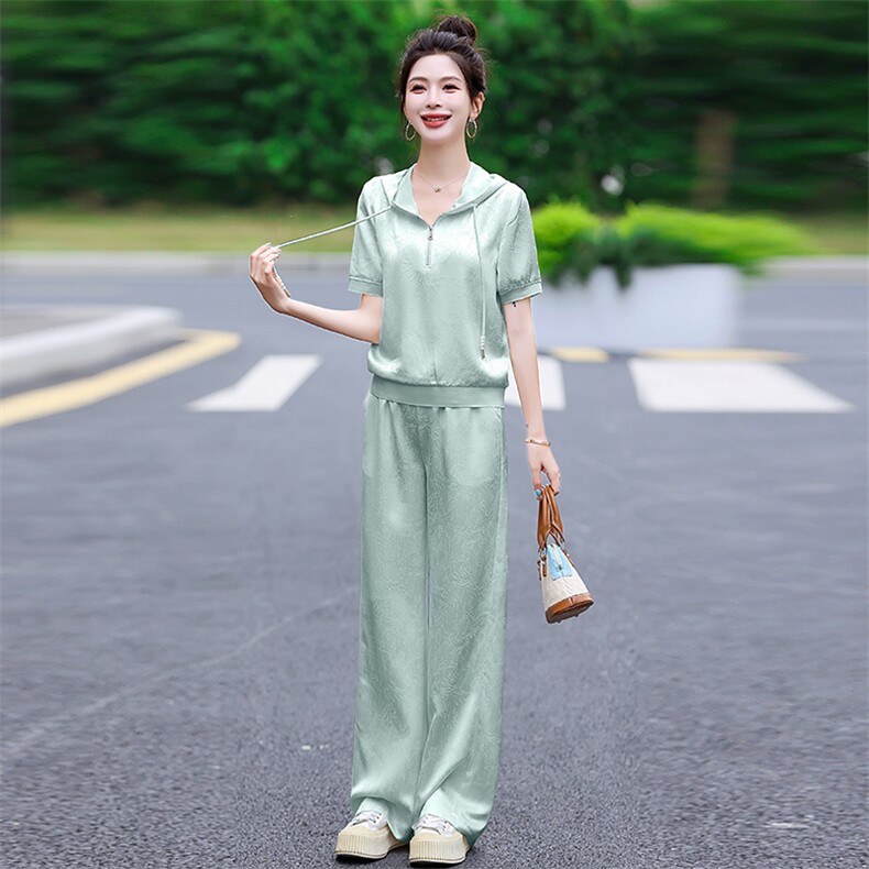 时尚套装女夏2025新款韩版提花冰丝宽松显瘦洋气减龄连帽两件套潮,女装套装/套裙,梦依杭