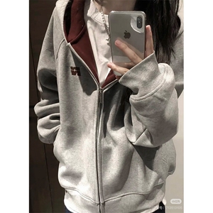 网图短款撞色刺绣双拉链开衫卫衣男女潮牌情侣连帽休闲外套P60,女人宽松卫衣搭配什么裤子图片