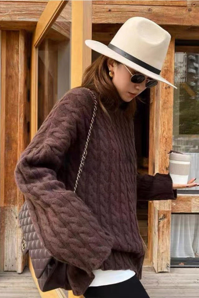 2025年秋季时尚百搭通勤简约休闲麻花长款，女装羊毛衫，晨旭羊绒