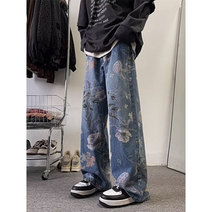 美式印花牛仔裤男春秋季潮牌嘻哈情侣裤子痞帅宽松阔腿拖地裤图片
