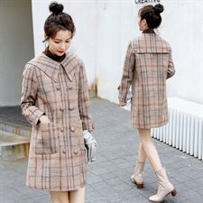 韩版时尚优雅格纹毛呢外套女秋冬季新款显瘦气质双排扣中长款大衣，女装毛呢外套，秋水欣儿