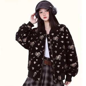 美式复古碎花满印立领外套女春季ins潮牌休闲情侣棒球服夹克上衣图片