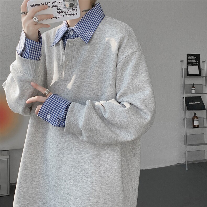 M-8XL美式假两件格子拼接翻领卫衣大码polo领长袖T恤衫WY5110/P58,男装T恤,电商B238