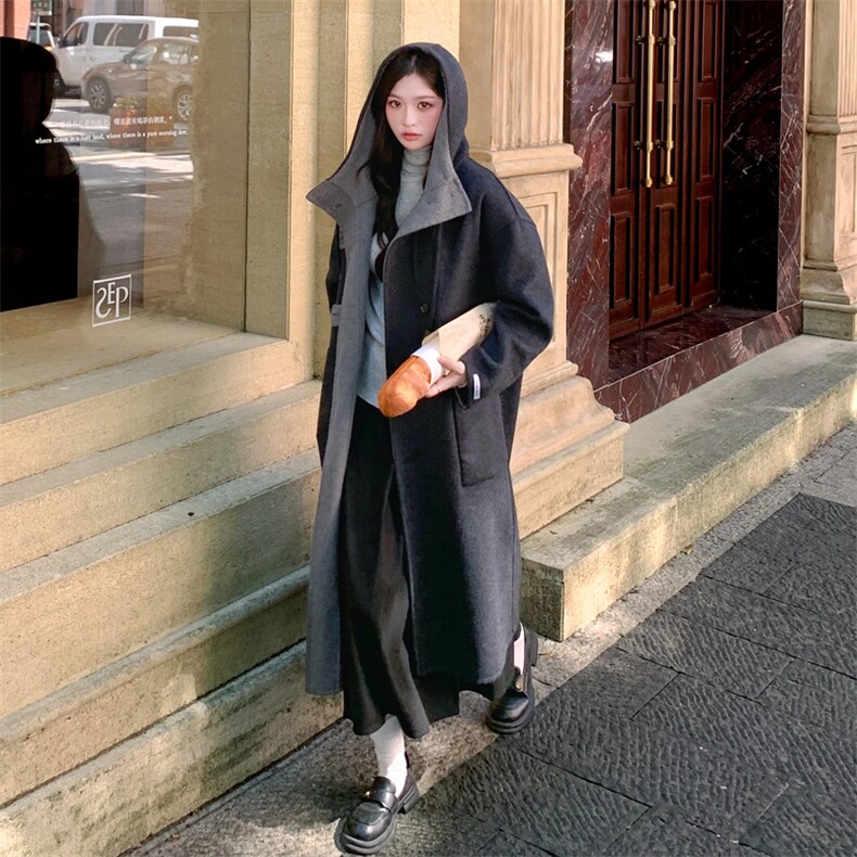 现货新款双面羊毛呢正反两穿连帽休闲羊毛大衣女风衣,女装毛呢外套,丝露怡语