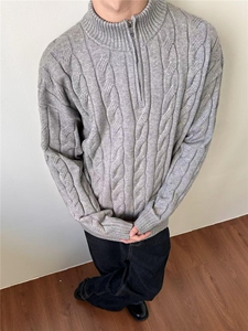 网图 半高领毛衣男秋冬季美式麻花粗纹半拉链设计针织打底衫特P58图片