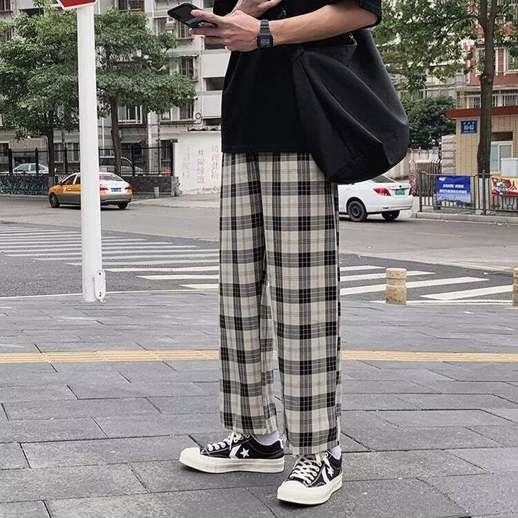 K62#-P30 格子休闲裤子潮夏季薄款宽松显瘦百搭直筒裤高腰图片