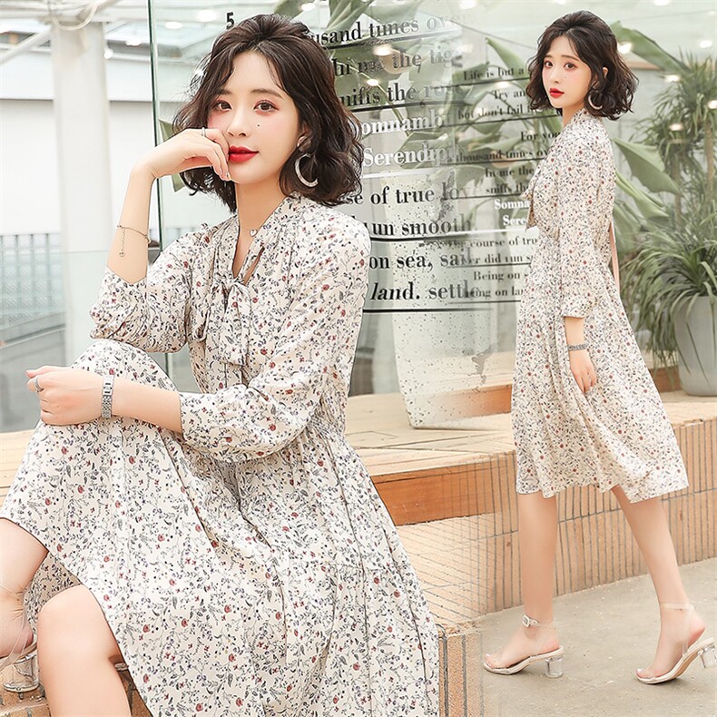 2021年春季花色杏色A型A字裙雪纺25-29周岁韩版印花连衣裙,女装连衣裙,寒都衣屋