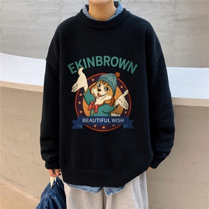 1港风圆领中性情侣潮流大码M-5XL印花加厚毛衣男7689P48加绒P55