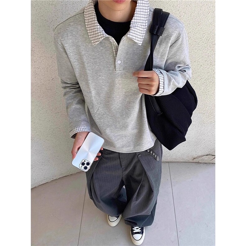 假两件polo衫长袖卫衣男秋季格子拼接正肩卫衣WY011-P45图片