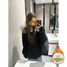 480G重磅加绒硬挺boxy秋冬美式高街超大毛领座山雕连帽卫衣厚外套，女装短外套，电商A486