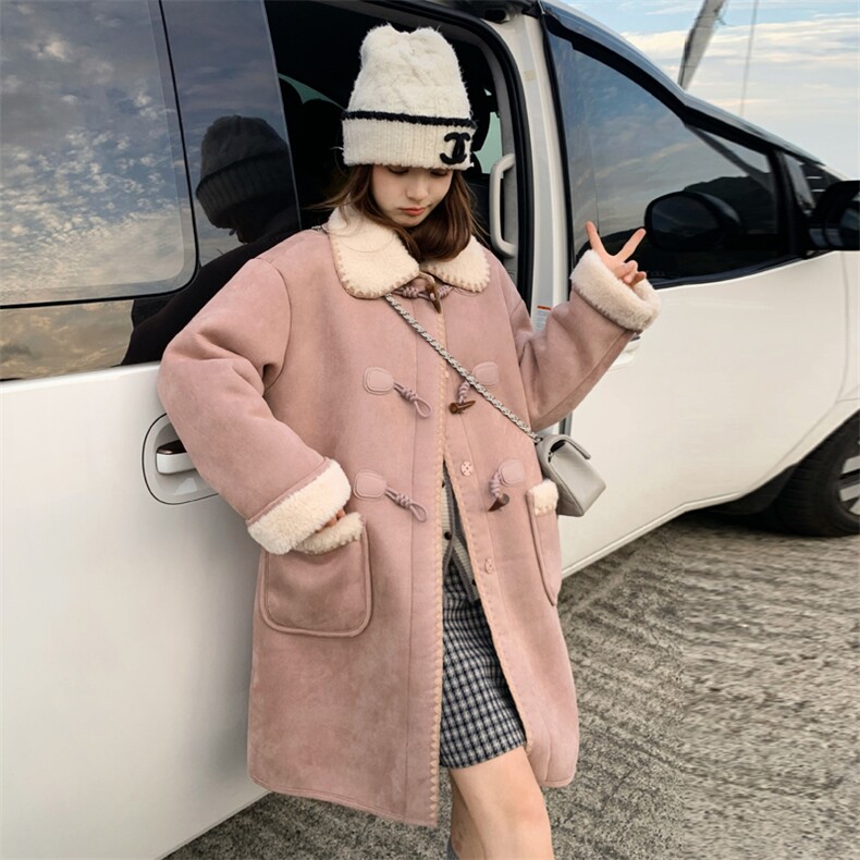 中长款皮毛一体外套女小个子2024冬新款甜美设计感翻领羊羔毛大衣图片