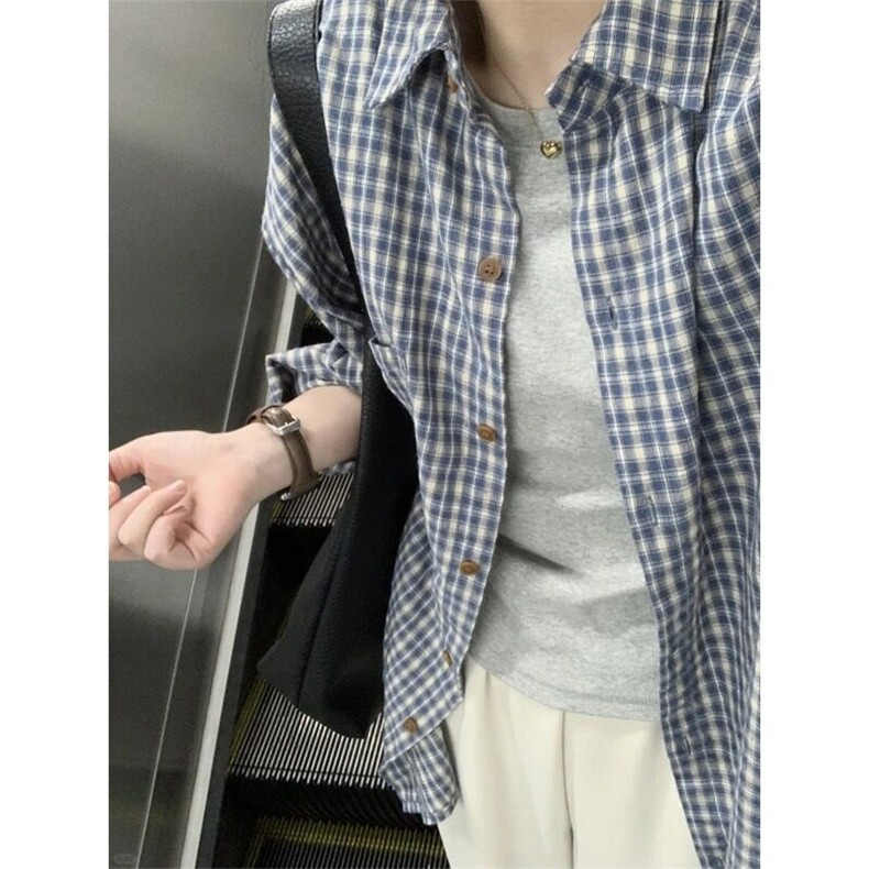 蓝色格子衬衫内搭春夏季女装叠穿衬衣小众设计感上衣休闲长袖外套,男装衬衫,星座218-1（原230）