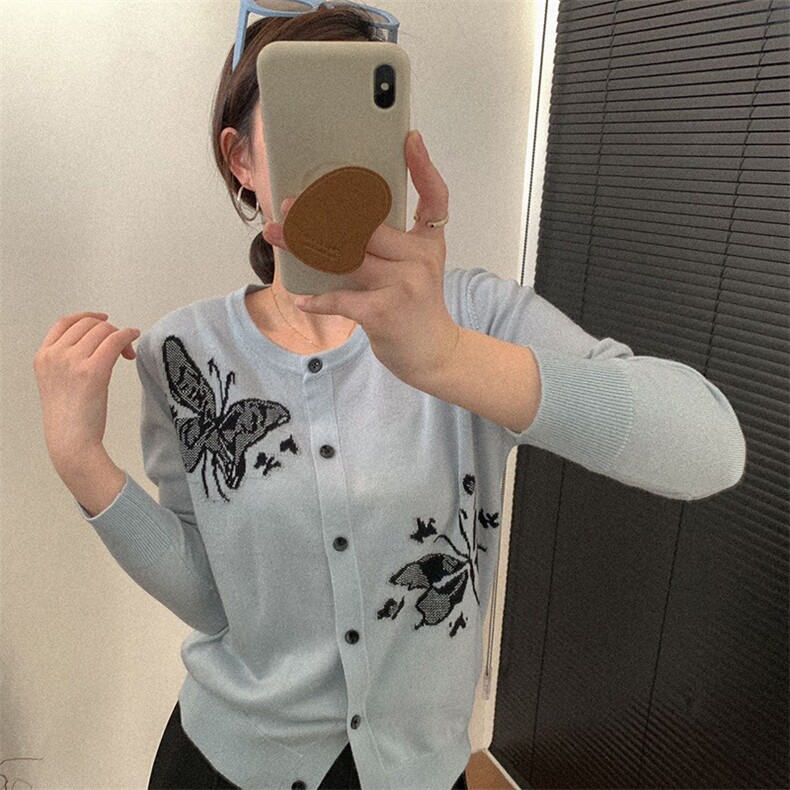 蝴蝶嵌花春季新款女士舒适简约针织开衫,针织衫/毛衣,佰米娇羊绒