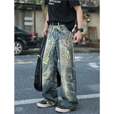 抖音品质夏季新款美式高街裤链宽松牛仔裤B315-K25445-特p50控98，男装牛仔裤，电商B315