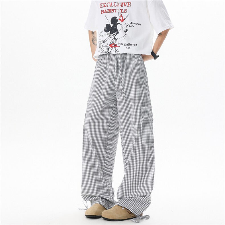 8XL-M复古蓝色格子裤男垂感拖地遛弯裤直筒冰丝阔腿裤K9129P58,男装休闲裤,电商D206-1
