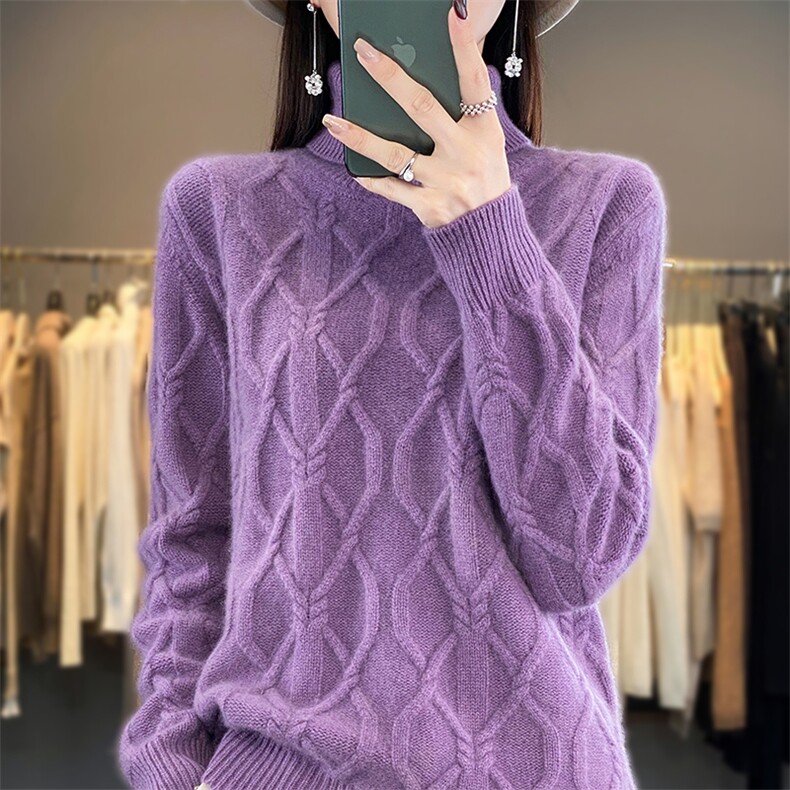 重磅加厚圆领绞花100%纯羊毛衫女秋冬新款长袖宽松羊绒衫针织打底图片