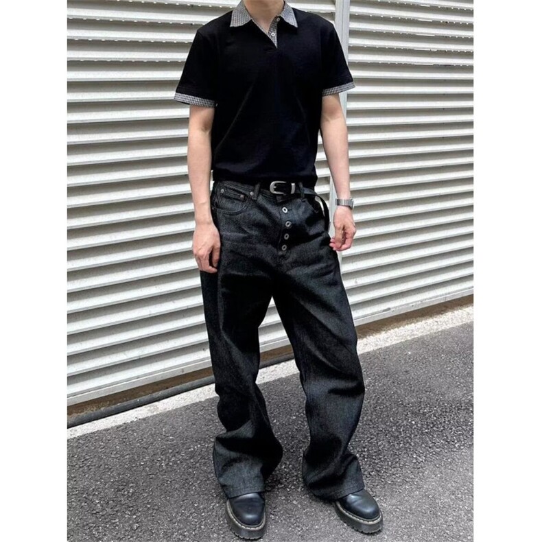 美式复古原色排扣牛仔裤男高街直筒宽松百搭cleanfit黑色拖地裤子,男装牛仔裤,四季星座505