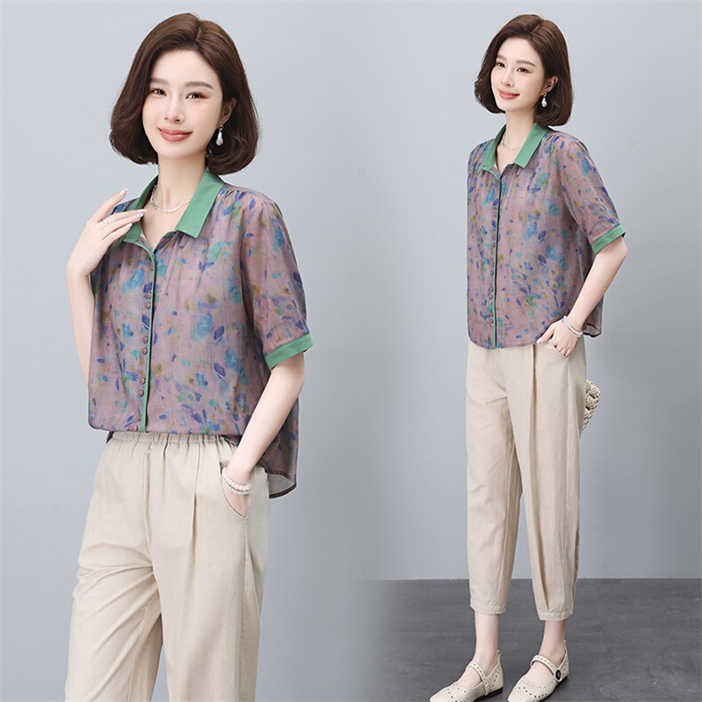 夏季冰丝棉麻套装女夏装2024新款妈妈洋气时尚休闲亚麻两件套,女装套装/套裙,依恋蒂丝