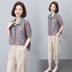 夏季冰丝棉麻套装女夏装2024新款妈妈洋气时尚休闲亚麻两件套，女装套装/套裙，依恋蒂丝