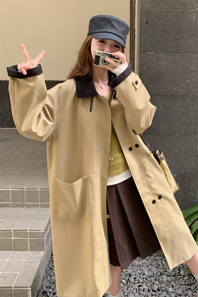 撞色翻领长款卡其色风衣外套女春秋2025新款显瘦巨好看高级感大衣,女装风衣,2C169