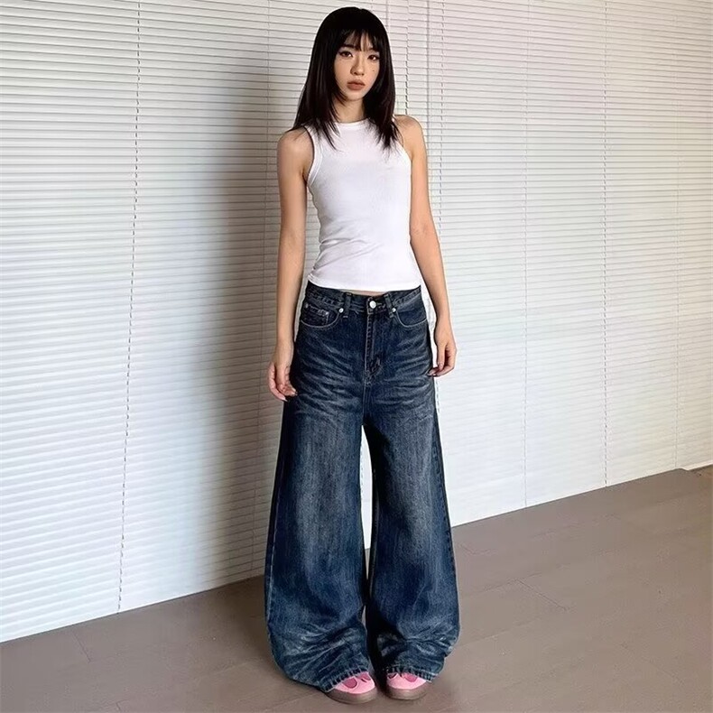复古蓝松弛感阔腿牛仔裤男女直筒秋季裤潮流百搭微喇裤拖地裤网图,男装牛仔裤,星座302B