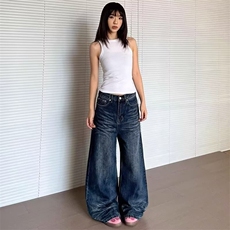 复古蓝松弛感阔腿牛仔裤男女直筒秋季裤潮流百搭微喇裤拖地裤网图，男装牛仔裤，星座302B