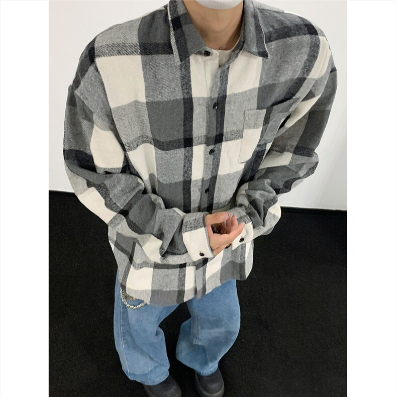 现货~磨毛加厚格子大码长袖衬衫C5892/特P25黑白格,男装衬衫,电商A094