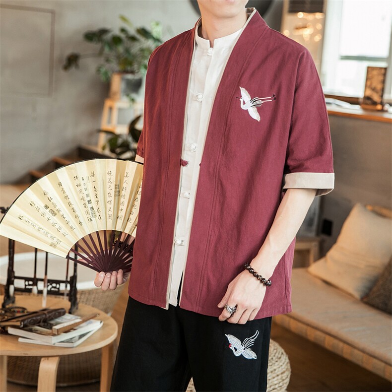 风外套五分袖男唐装盘扣开衫道袍和服宽松夹克茶服M130P35,男装T恤,钱塘788(原4013)