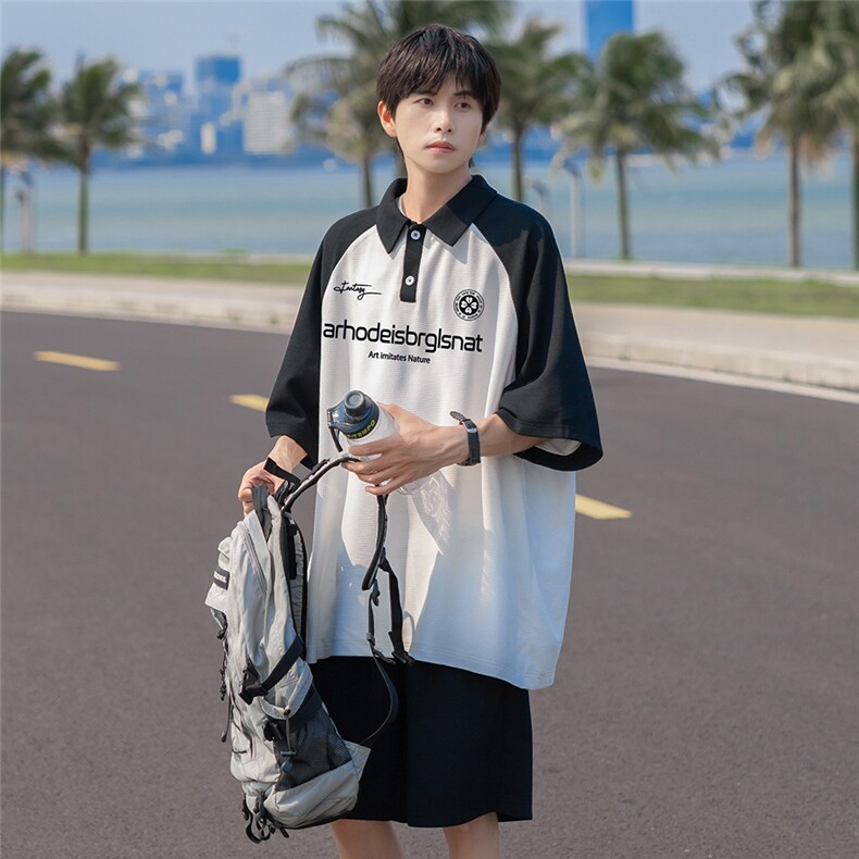 港风24夏款华夫格字母印花POLO休闲短袖套装TZ61185P65控88,男装休闲套装,电商A268A