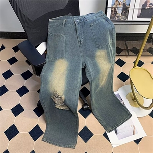美式vibe复古破洞牛仔裤男女高街嘻哈宽松做旧长裤K60726-P40网图图片