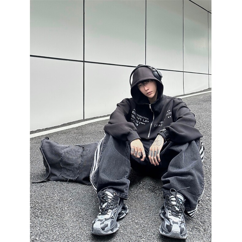 新款拉链拼接三条杠阔腿宽松百搭牛仔裤1002-1NZ2325P75控98,男装牛仔裤,星座1002-1