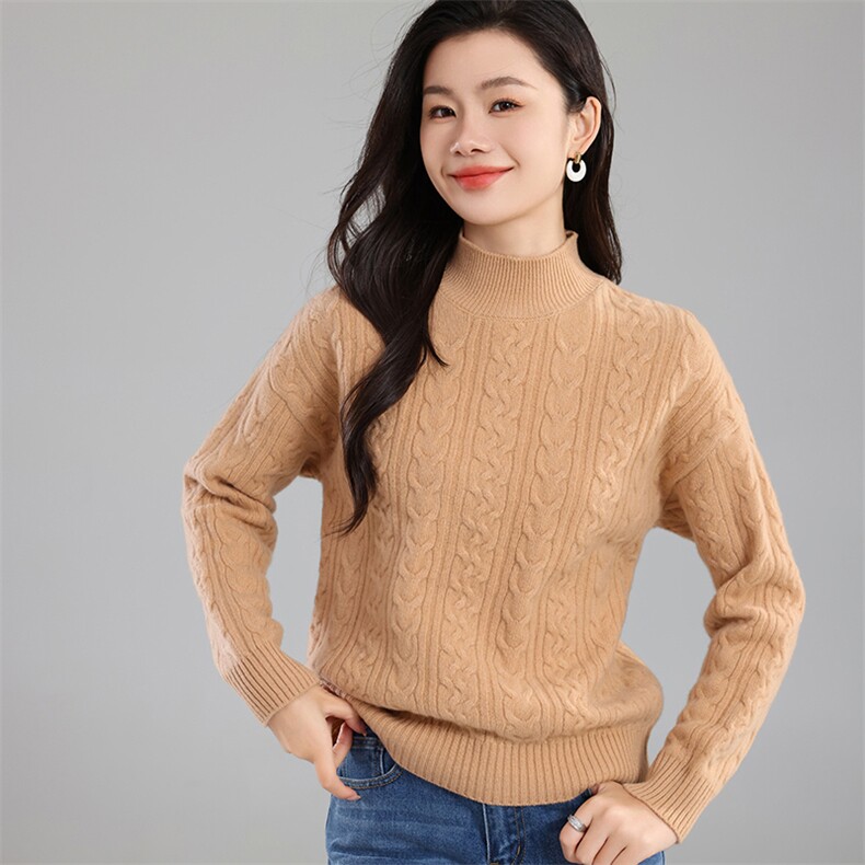2025年秋季新款半高领重工绞花加厚针织上衣，女装针织衫/毛衣，奢优羊绒