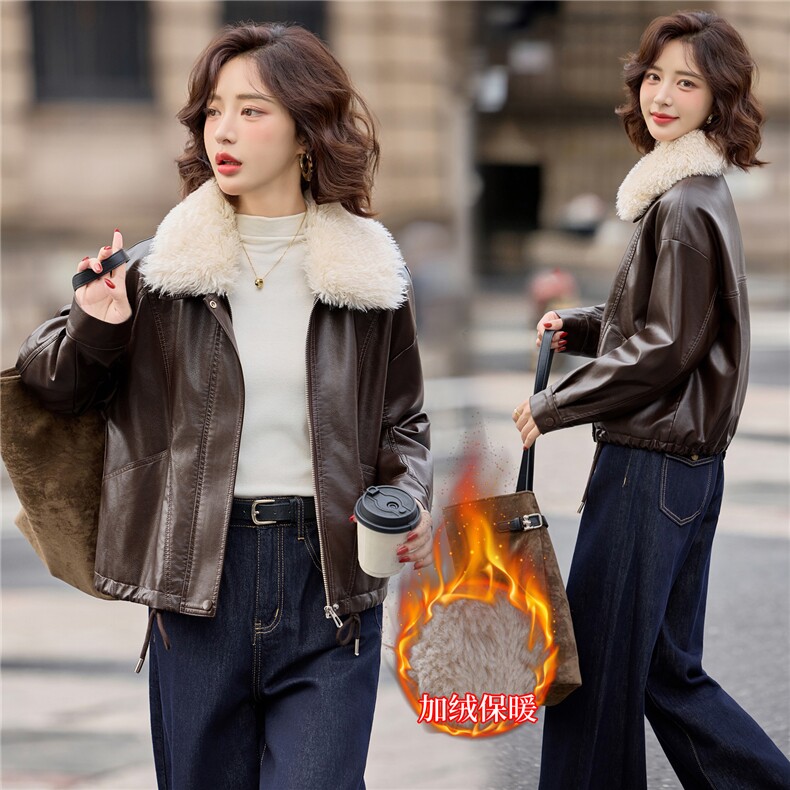 【冬季新款】大量现货可脱卸毛领时尚休闲宽松加绒加厚皮棉外套，女装皮衣，魅衣本色