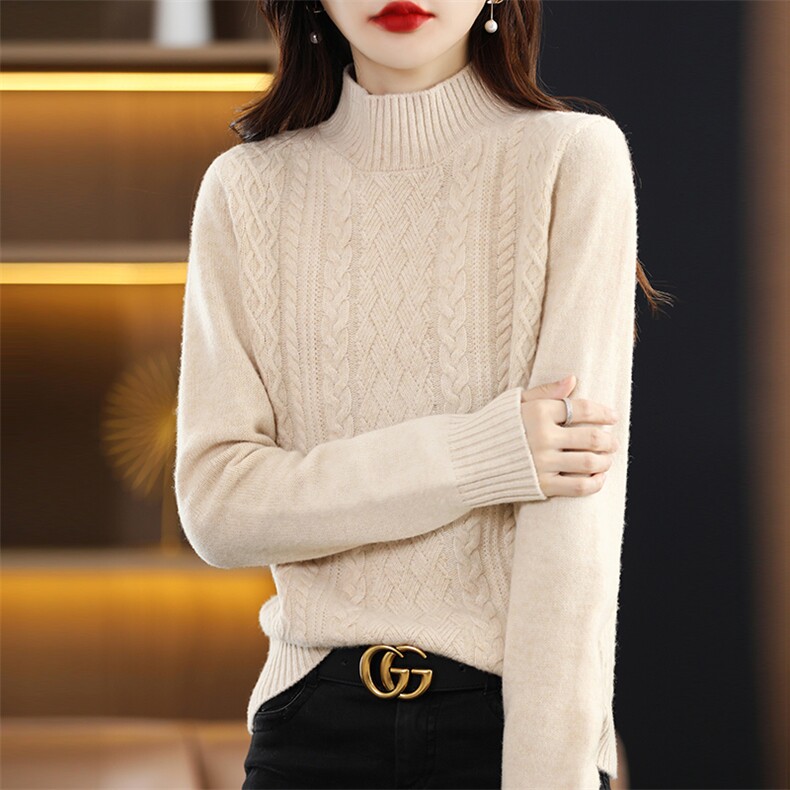 2024年秋冬季新款女士半高扭花羊毛衫，女装羊毛衫，温贝羊绒