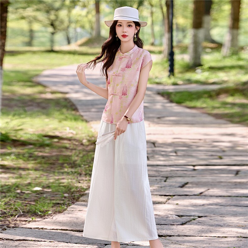 新中式套装女夏新款洋气不规则盘扣上衣+阔腿裤两件套,女装套装/套裙,姿衣坊