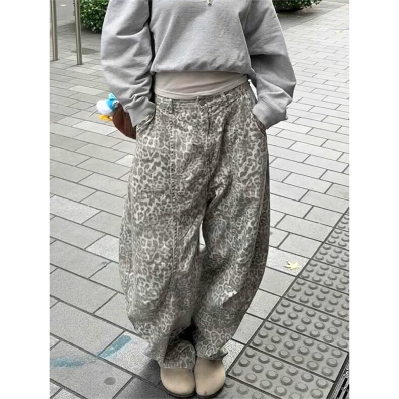 美式辣妹复古豹纹印花低腰牛仔裤女2025春款设计感宽松阔腿长裤潮,男装牛仔裤,星座506A