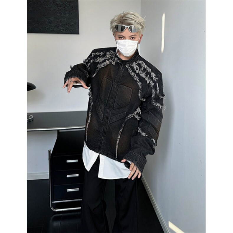 美式小众复古重磅流苏毛边垫肩机车夹克外套短款上衣男JK8641,男装夹克,星座1116A（原606A-3）