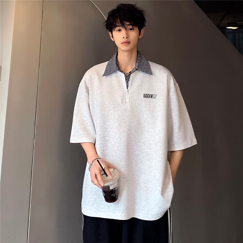 假两件衬衫领polo衫男夏季格纹撞色半袖半拉链hiphop短袖T恤上衣,男装Polo衫,电商C307