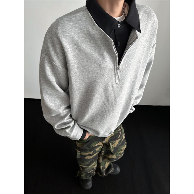 WY810-尺码M-3XL-P50-撞色衬衫领假两件cleanfit套头半拉链卫衣,男装衬衫,星座1811B