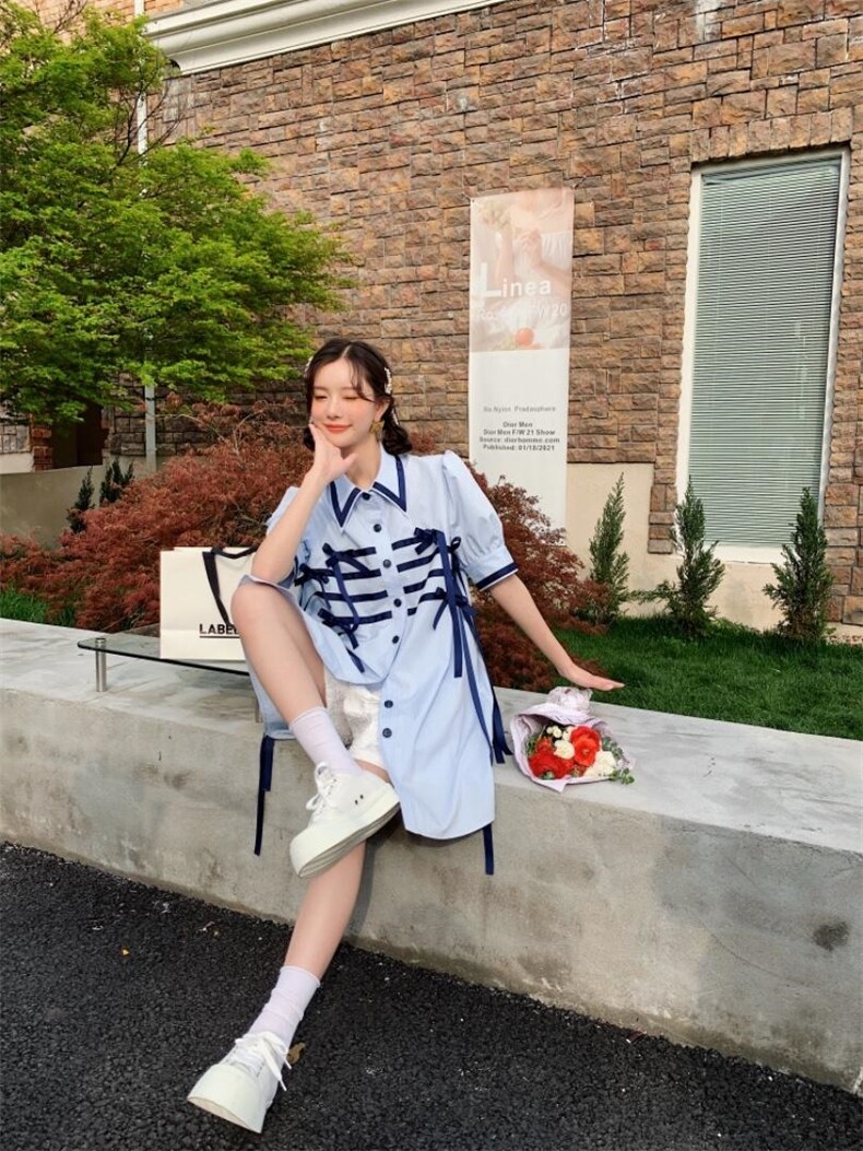 蓝色蝴蝶结衬衣裙，女装，YOUER DENG