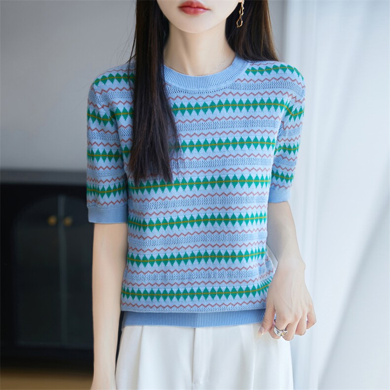 设计感镂空条纹纯棉针织短袖T恤女2025夏薄款透气正肩全棉t恤上衣,女装T恤,秋双羊绒