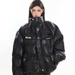 美式短款PU皮立领棉服外套男冬季加厚面包服棉衣