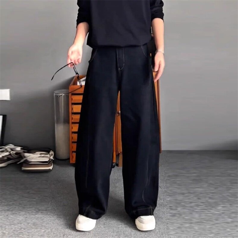 美式丹宁黑色弯刀阔腿牛仔裤男春秋潮牌宽松直筒拖地裤L21122-P42,男装牛仔裤,星座1008