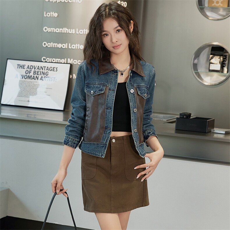 别致独特牛仔拼皮短外套女秋季2024新款通勤百搭可盐可甜短款上衣，女装牛仔外套，美拉德工厂直营店