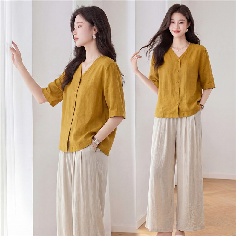 休闲时尚套装女2026夏宽松显瘦半袖阔腿裤裤两件套亚麻上衣，女装套装/套裙，依万里