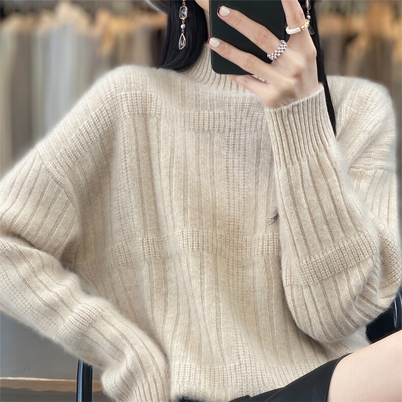100%羊毛衫女半高领坑条加厚毛衣秋冬新款宽松慵懒羊绒针织打底衫,女装羊毛衫,宇灿羊绒
